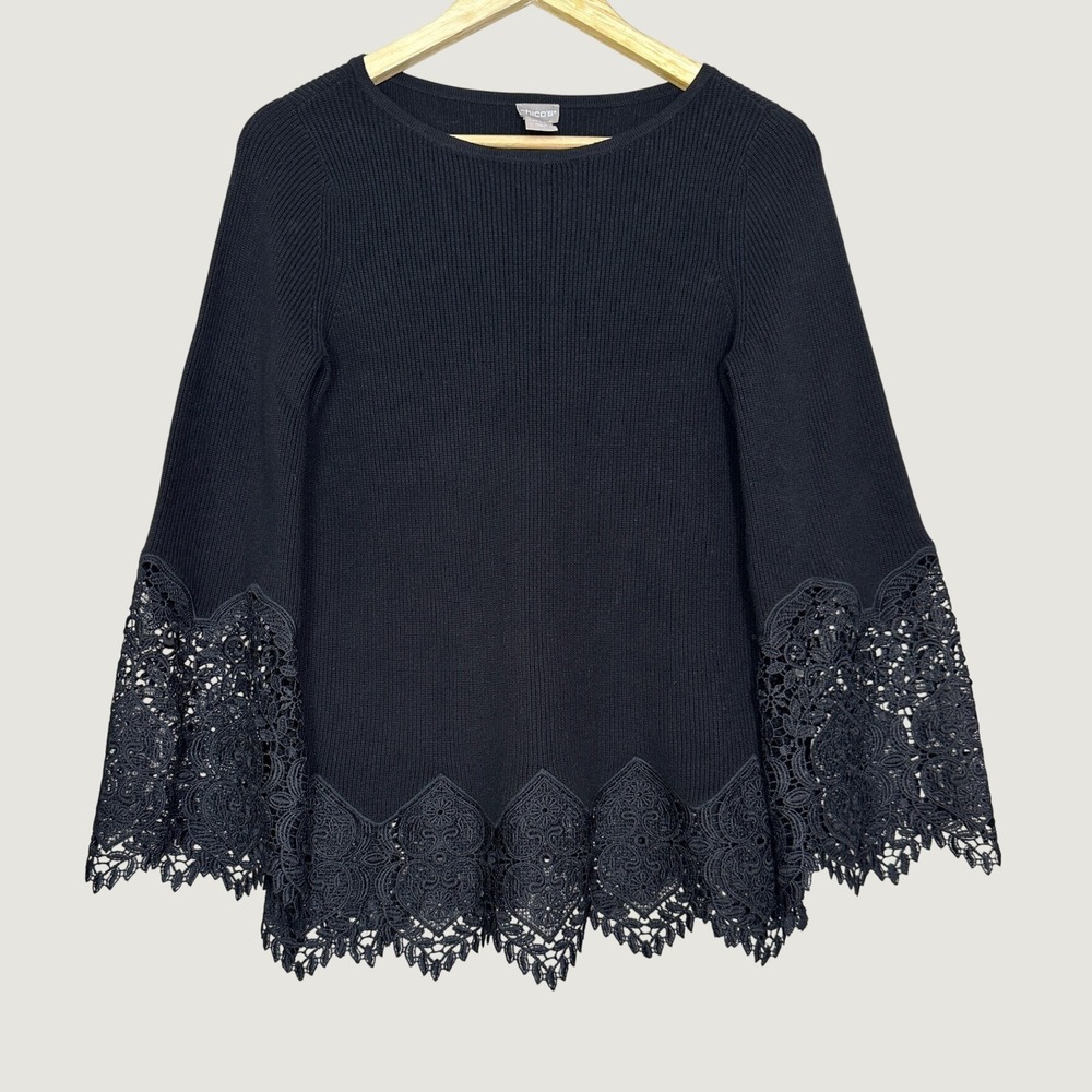 Lace Bell Sleeve Knit Black Sweater Small Chico's Witchy Dark Romantic Gothic
